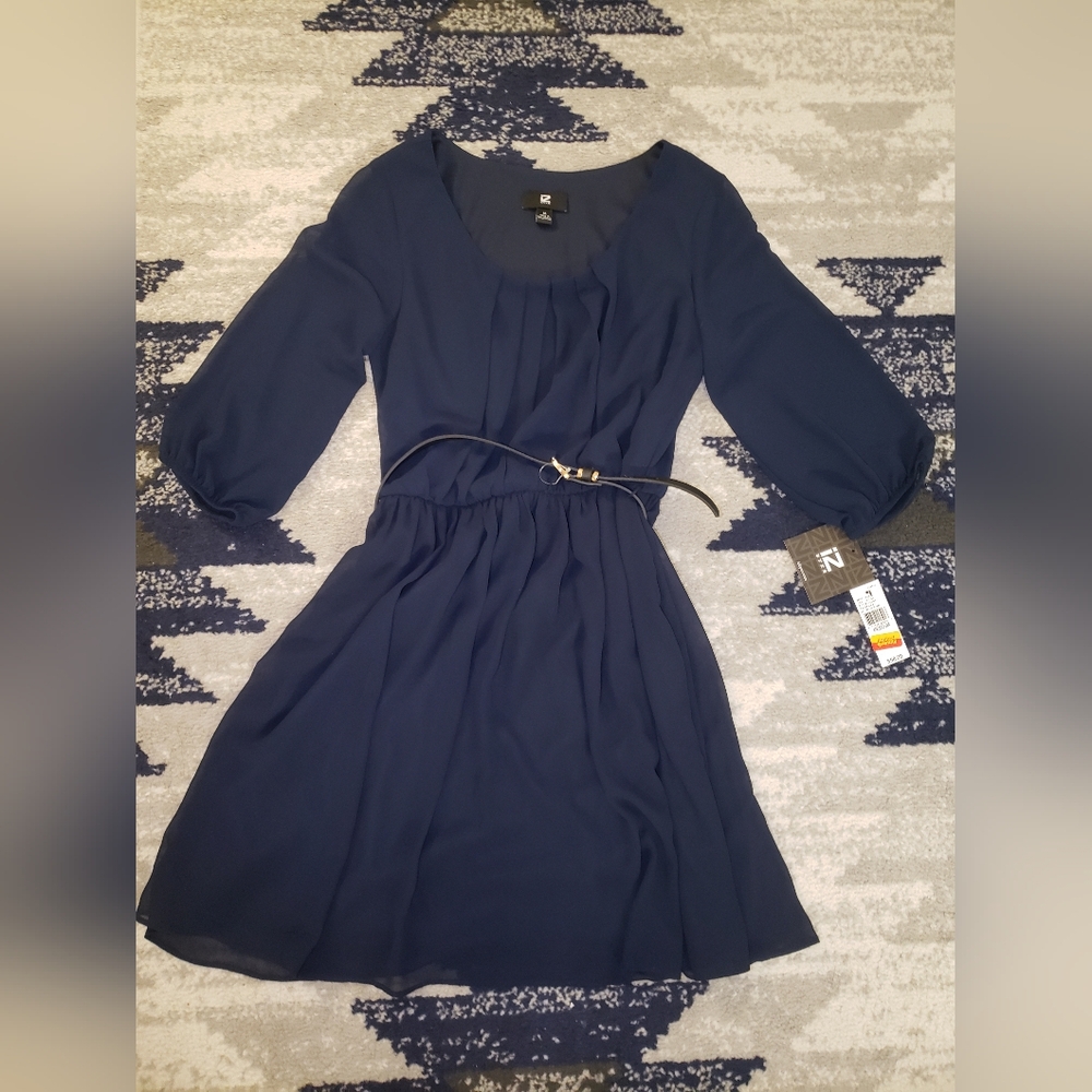 NWT IZ Byer Navy Blue Sheer Dress with Belt Size M